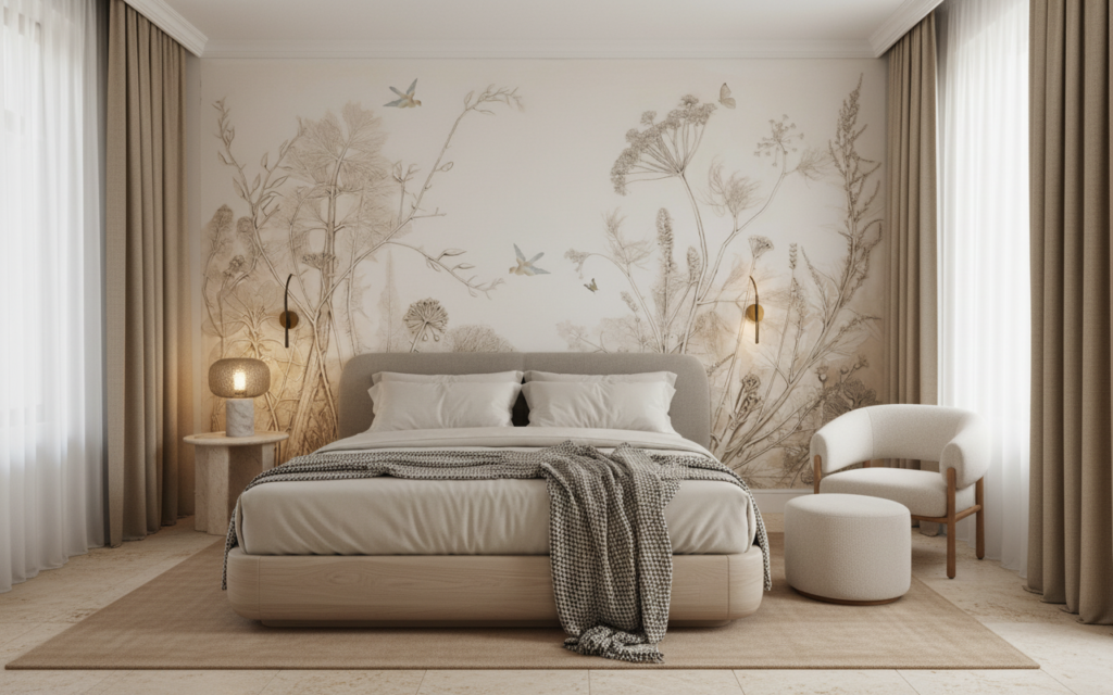 Papier peint nature botanique vintage aux tons beiges et ocres - Hôtel