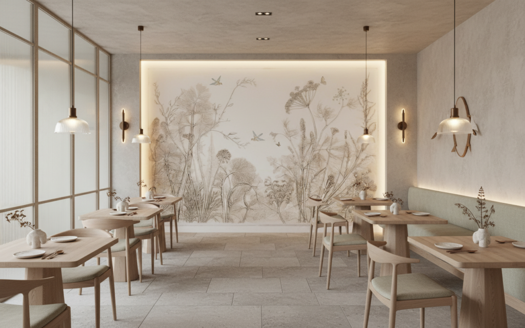 Papier peint nature botanique vintage aux tons beiges et ocres - Restaurant