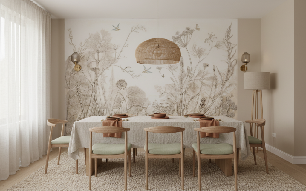 Papier peint nature botanique vintage aux tons beiges et ocres - Salle à manger