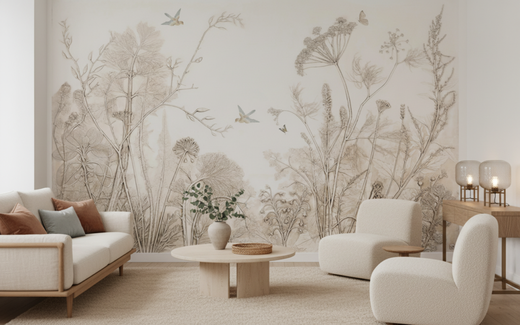 Papier peint nature botanique vintage aux tons beiges et ocres - Salon / Séjour