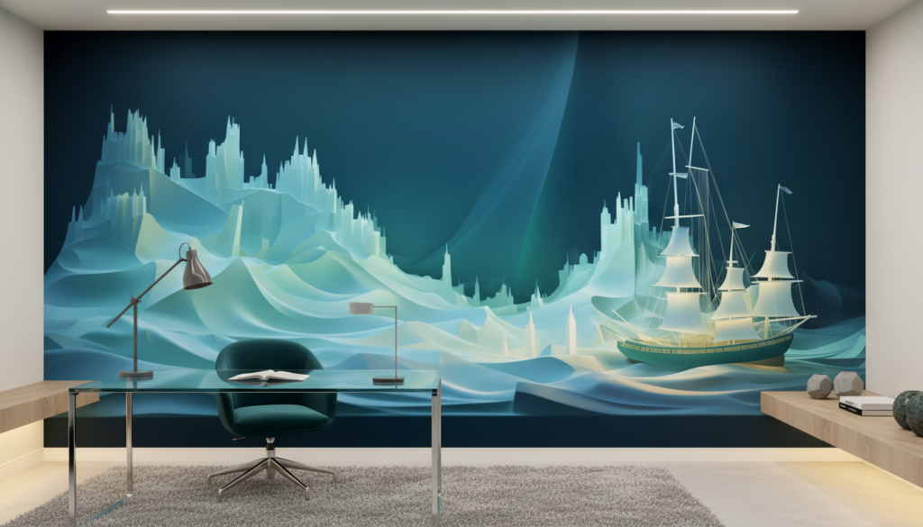 Papier peint navire polaire icebergs bleus aventure arctique stylisé - Bureau