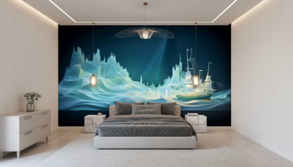 Papier peint navire polaire icebergs bleus aventure arctique stylisé - Chambre adulte