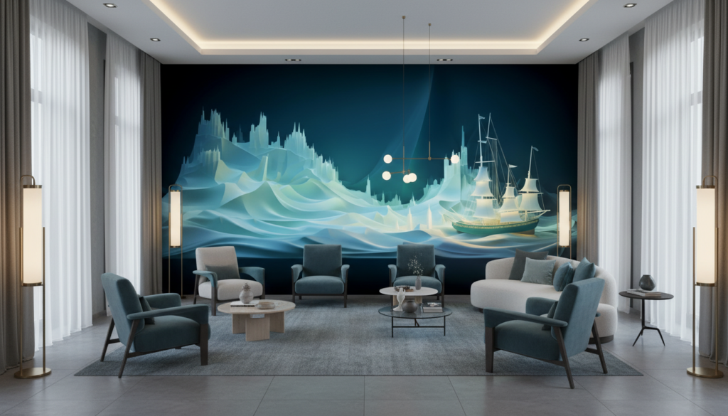 Papier peint navire polaire icebergs bleus aventure arctique stylisé - Hôtel