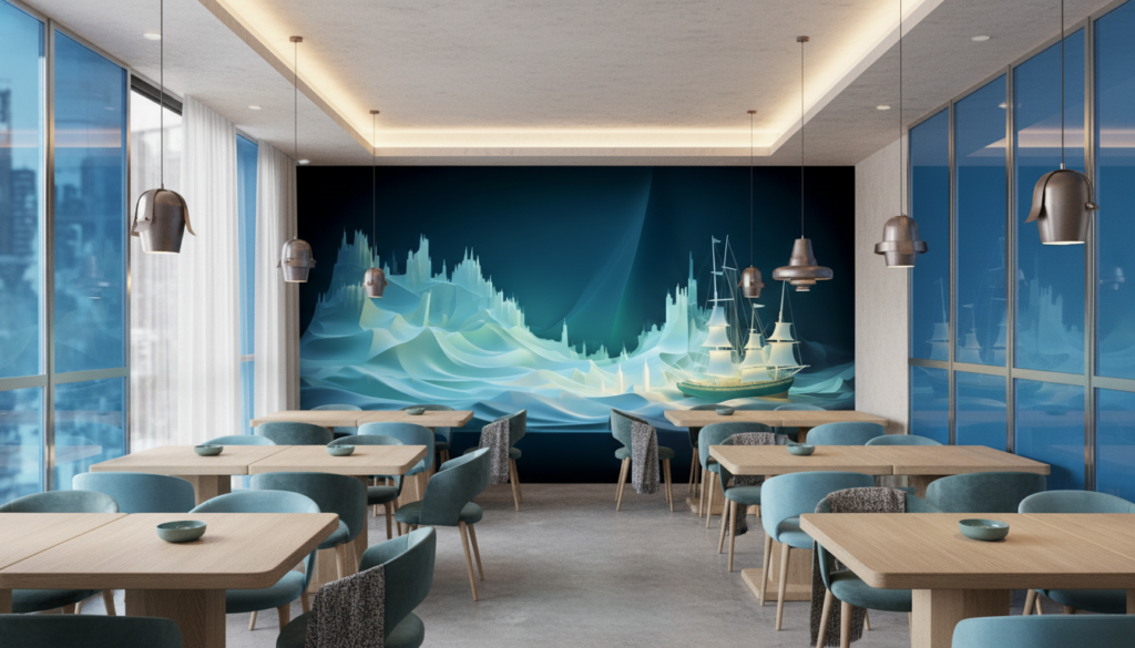 Papier peint navire polaire icebergs bleus aventure arctique stylisé - Restaurant