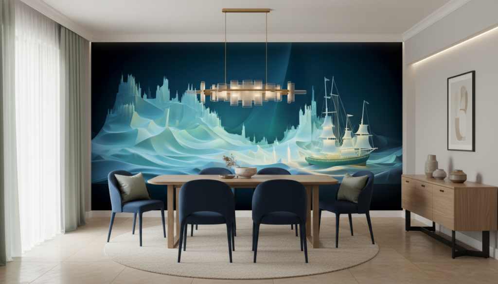 Papier peint navire polaire icebergs bleus aventure arctique stylisé - Salle à manger