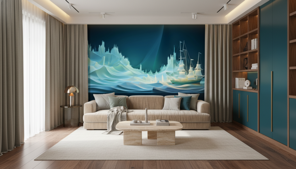 Papier peint navire polaire icebergs bleus aventure arctique stylisé - Salon / Séjour