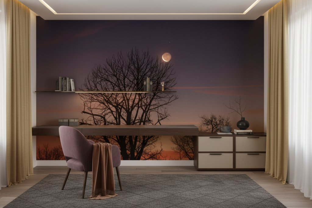 Papier peint nocturne lune dorée et arbres silhouettes ciel étoilé - Bureau