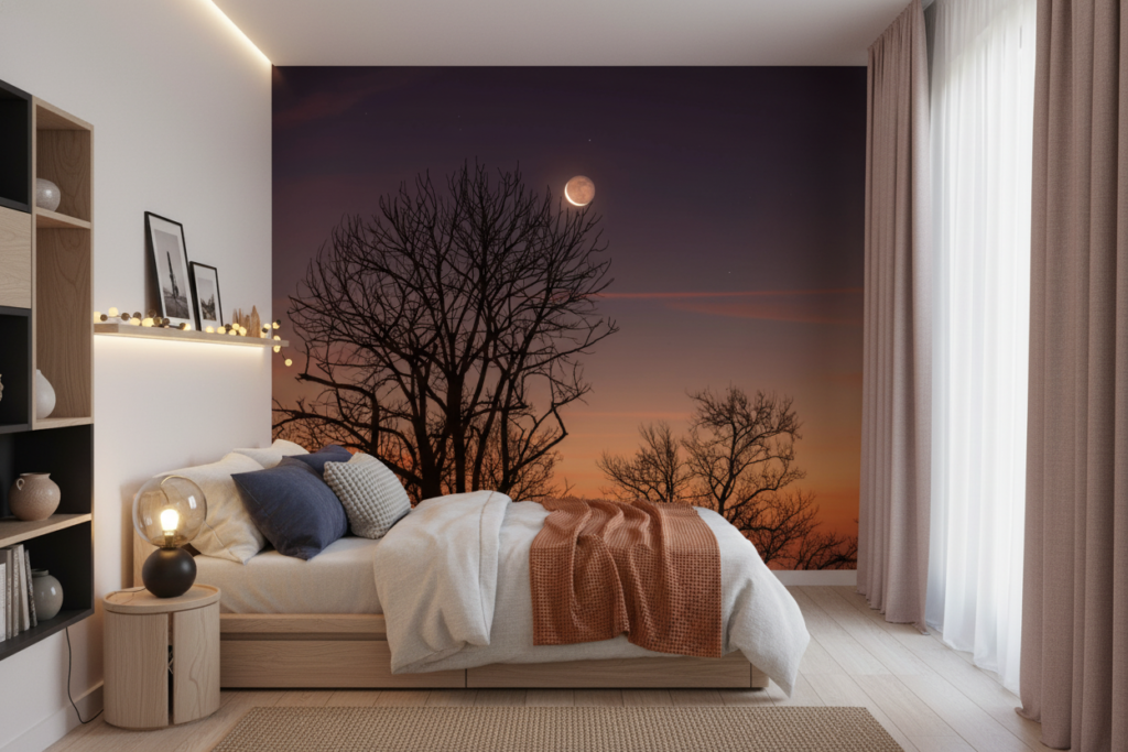 Papier peint nocturne lune dorée et arbres silhouettes ciel étoilé - Chambre ado