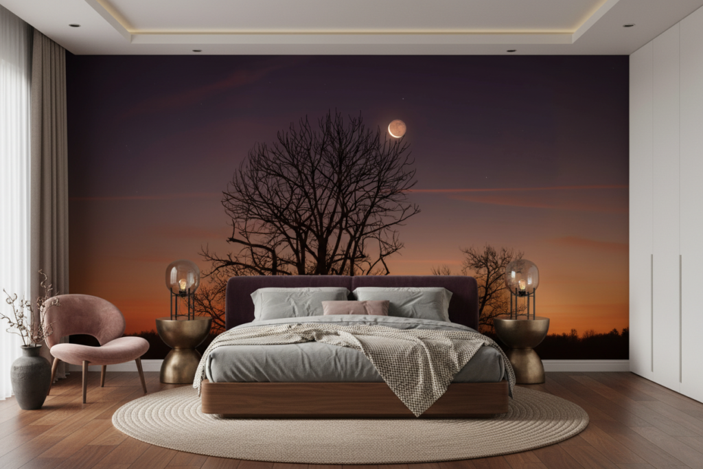 Papier peint nocturne lune dorée et arbres silhouettes ciel étoilé - Chambre adulte