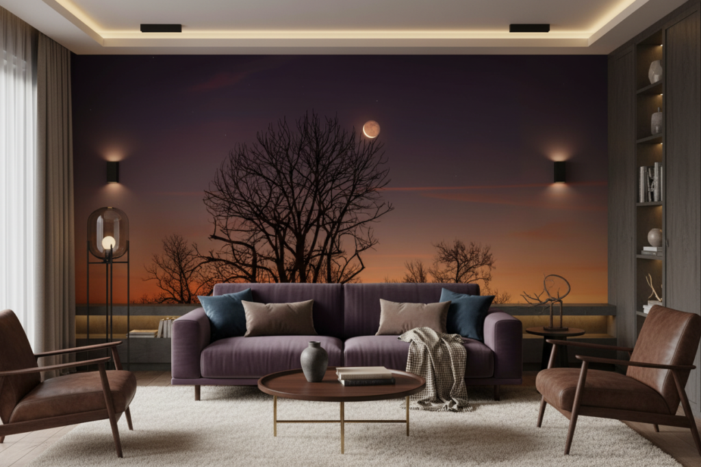 Papier peint nocturne lune dorée et arbres silhouettes ciel étoilé - Salon / Séjour