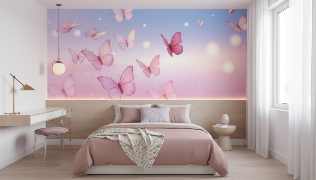 Papier Peint Nuage de Papillons Roses sur Fond Dégradé Pastel - Chambre ado