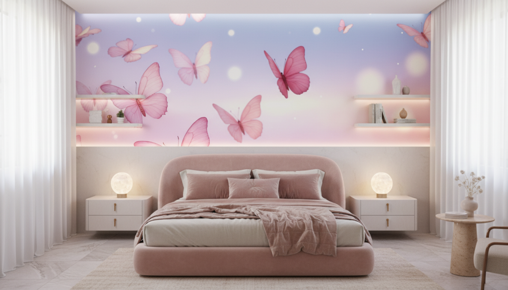 Papier Peint Nuage de Papillons Roses sur Fond Dégradé Pastel - Chambre adulte