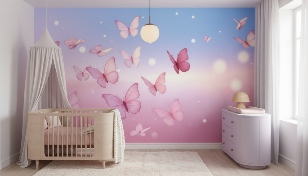 Papier Peint Nuage de Papillons Roses sur Fond Dégradé Pastel - Chambre bébé