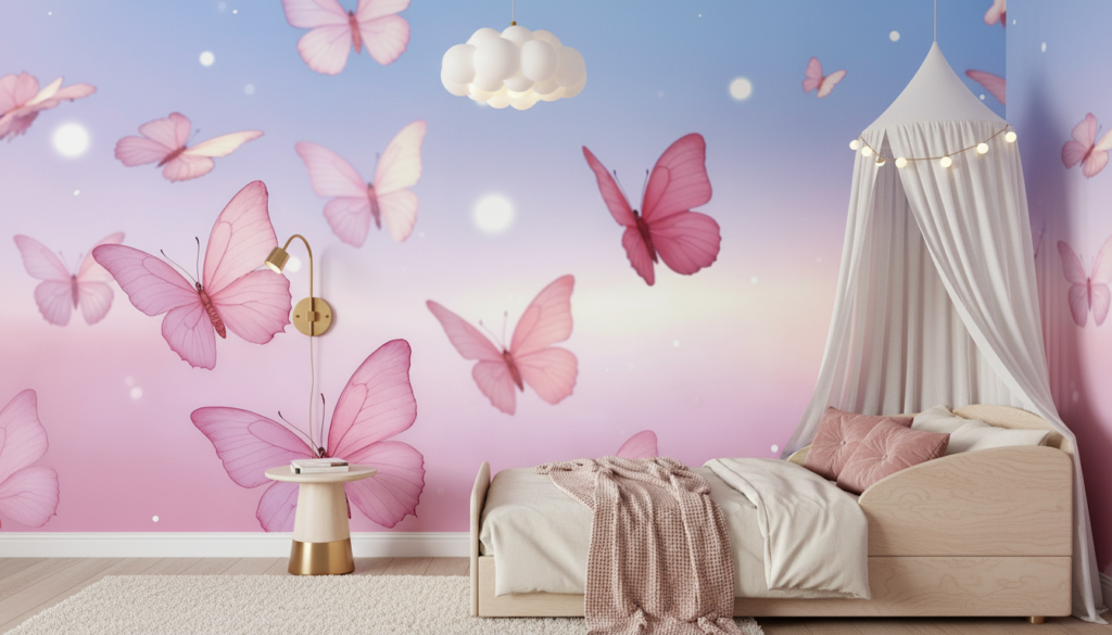Papier Peint Nuage de Papillons Roses sur Fond Dégradé Pastel - Chambre enfant
