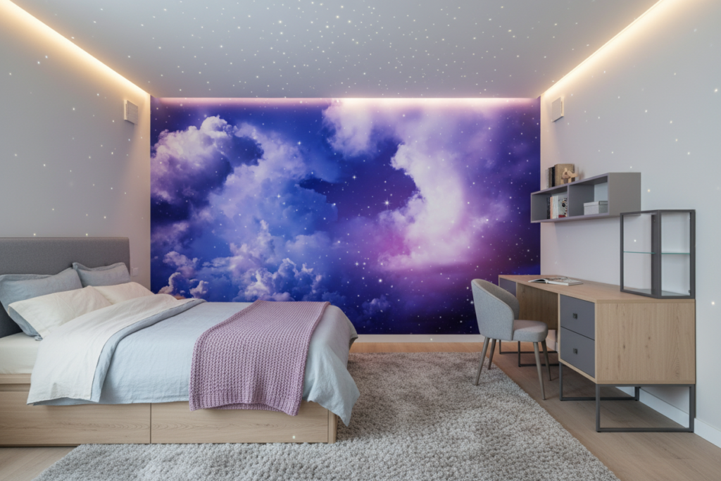 Papier peint nuages étoilés ciel nocturne bleu violet cosmique - Chambre ado