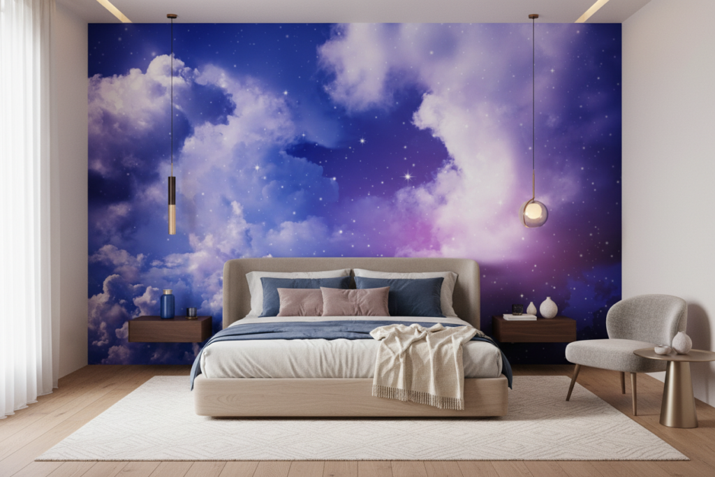 Papier peint nuages étoilés ciel nocturne bleu violet cosmique - Chambre adulte