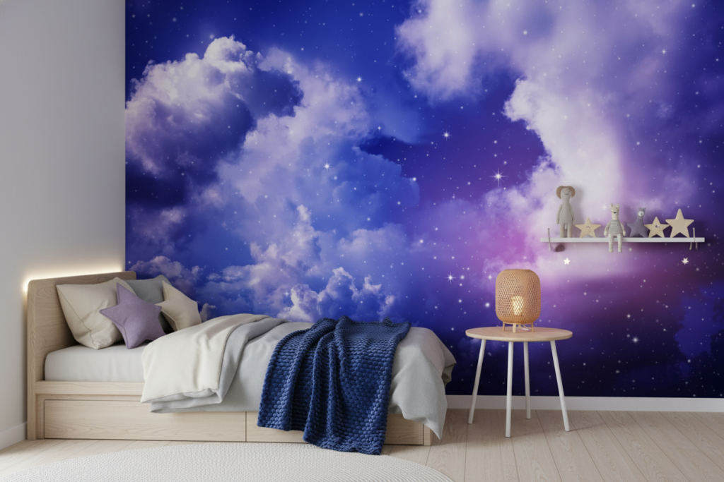 Papier peint nuages étoilés ciel nocturne bleu violet cosmique - Chambre enfant