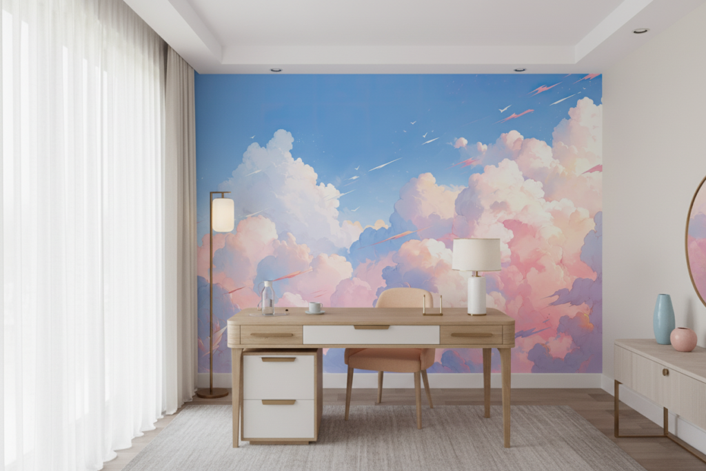 Papier peint nuages pastels ciel romantique aquarelle rose bleu - Bureau