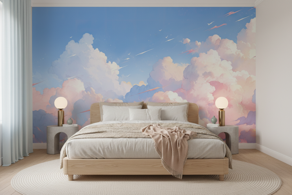 Papier peint nuages pastels ciel romantique aquarelle rose bleu - Chambre adulte