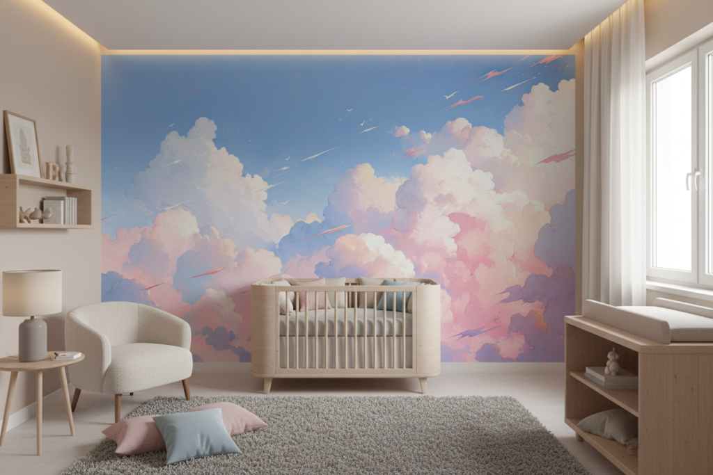 Papier peint nuages pastels ciel romantique aquarelle rose bleu - Chambre bébé