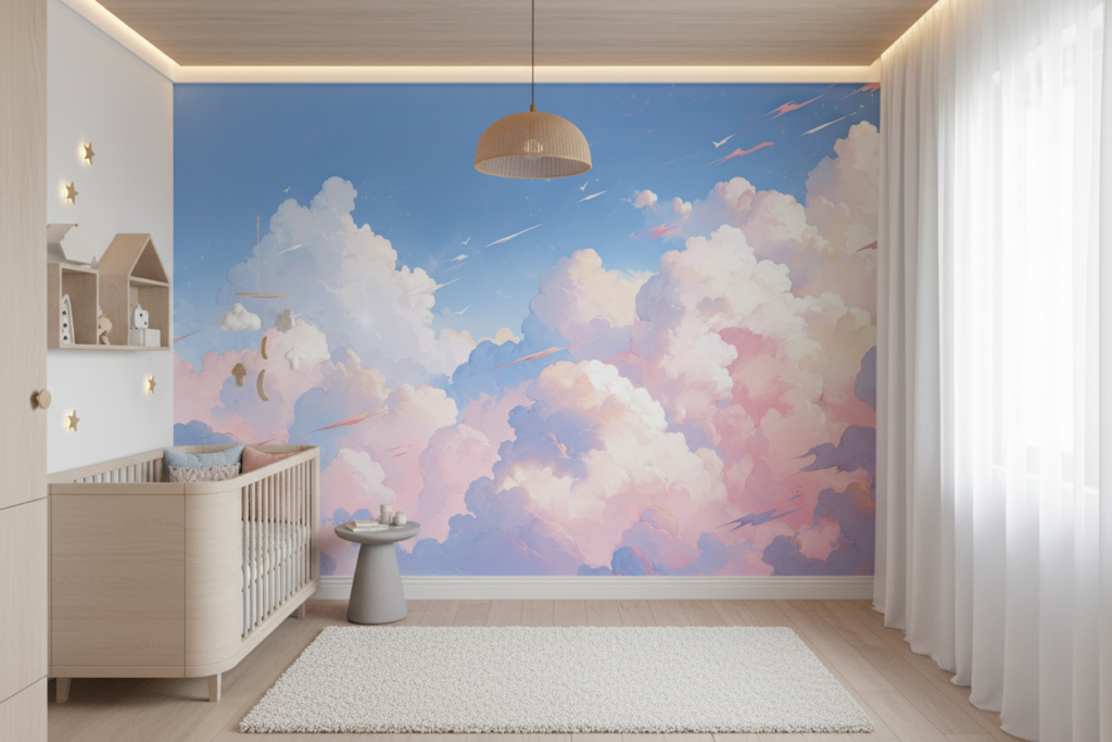 Papier peint nuages pastels ciel romantique aquarelle rose bleu - Chambre enfant