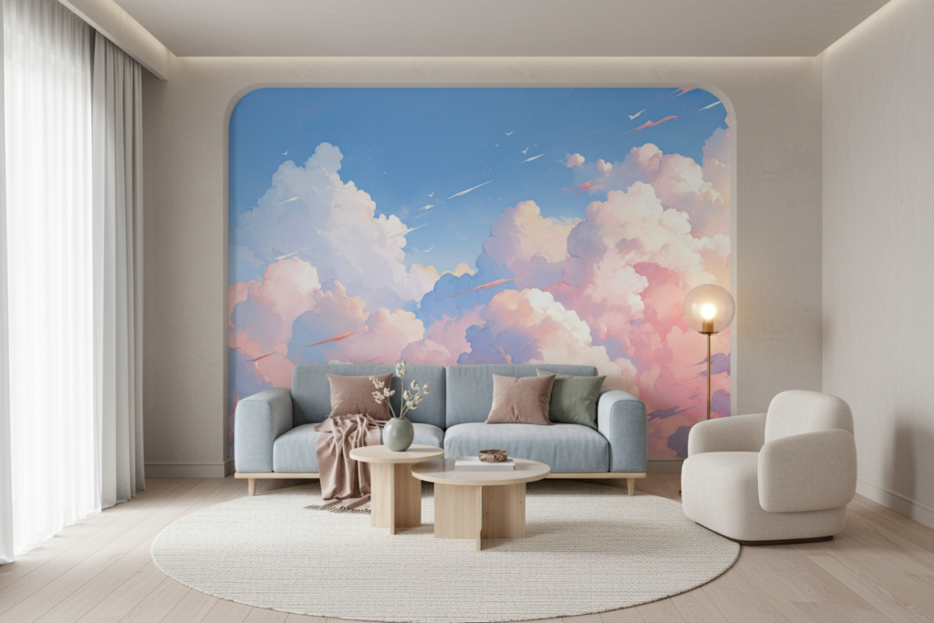 Papier peint nuages pastels ciel romantique aquarelle rose bleu - Salon / Séjour