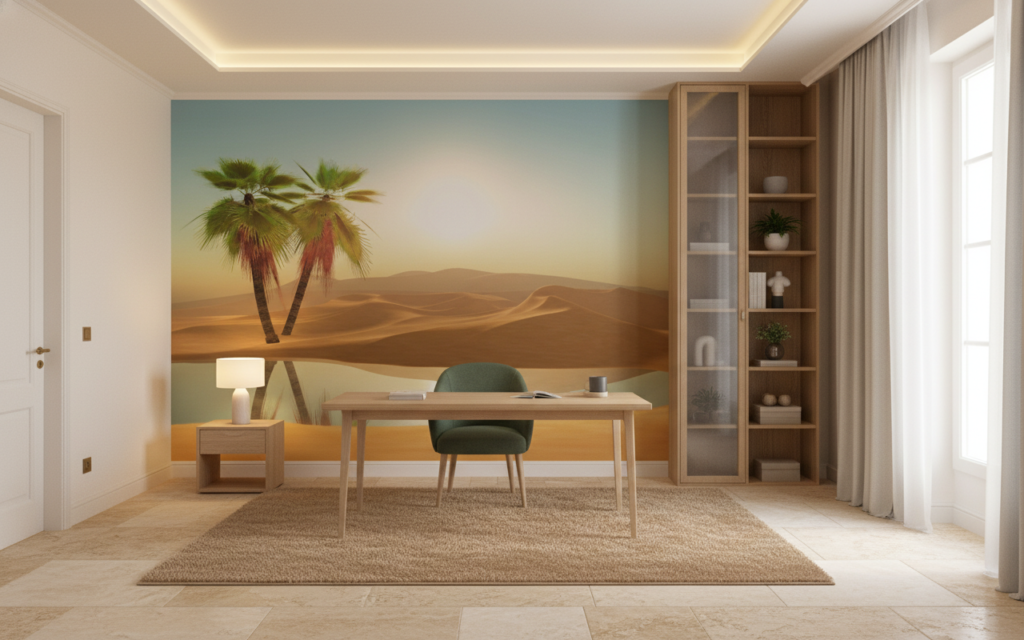 Papier peint oasis désert palmiers coucher soleil reflets dorés - Bureau