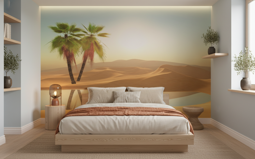 Papier peint oasis désert palmiers coucher soleil reflets dorés - Chambre adulte