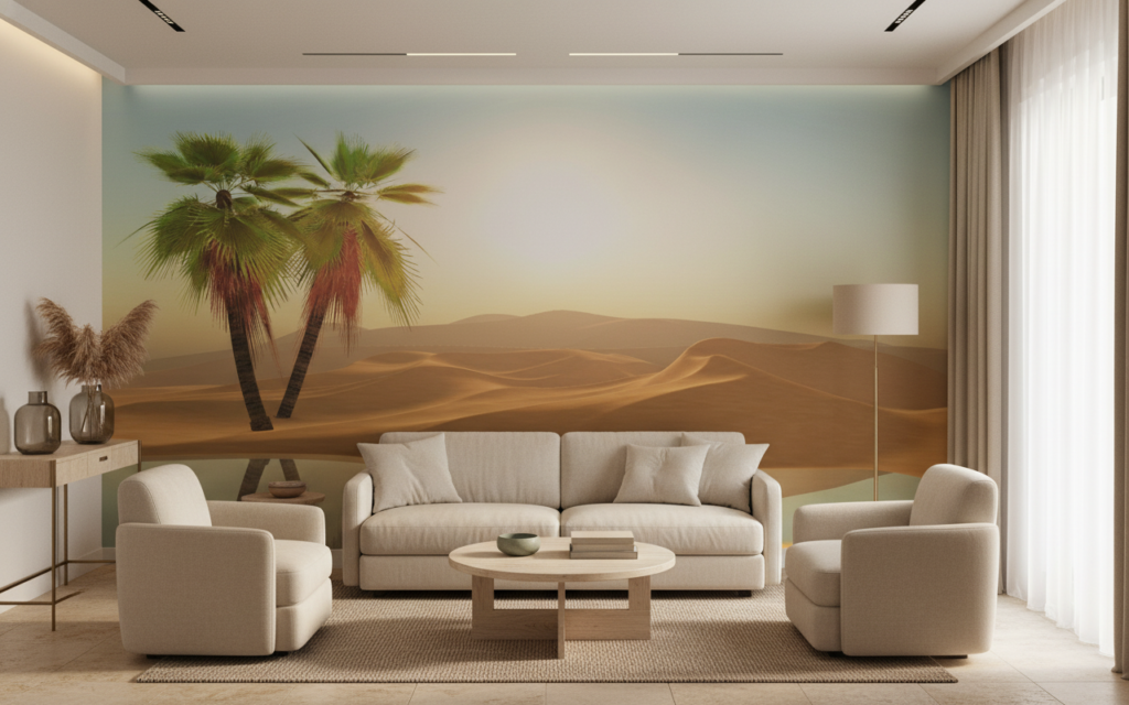 Papier peint oasis désert palmiers coucher soleil reflets dorés - Hôtel