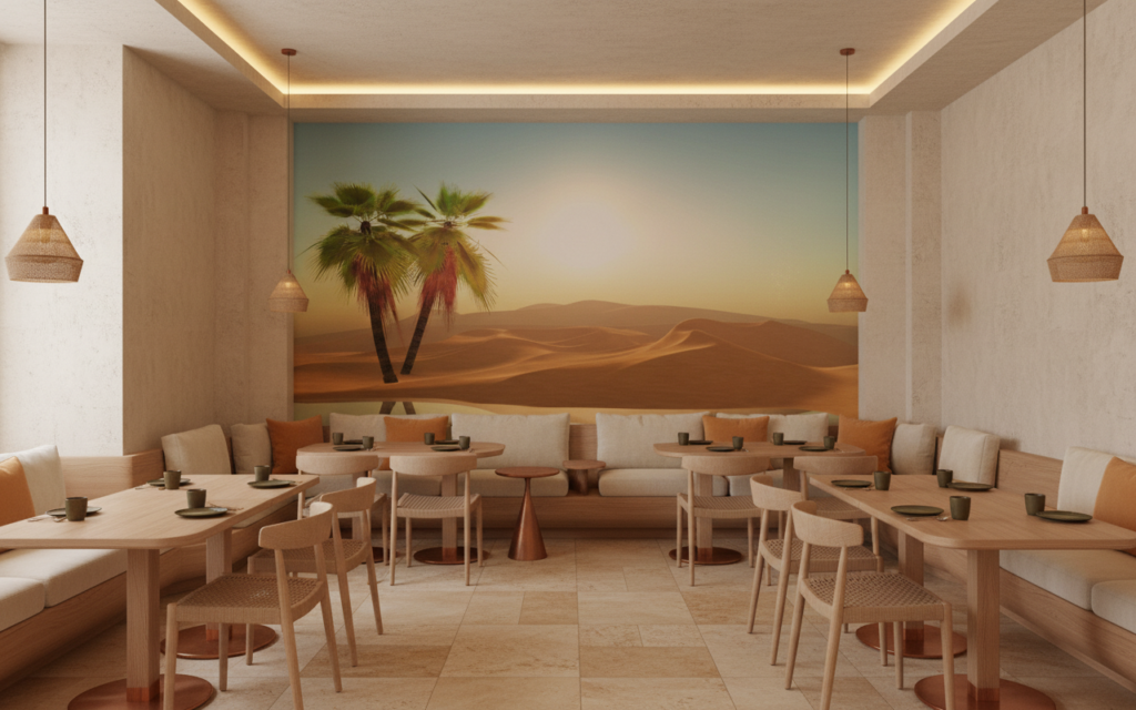 Papier peint oasis désert palmiers coucher soleil reflets dorés - Restaurant