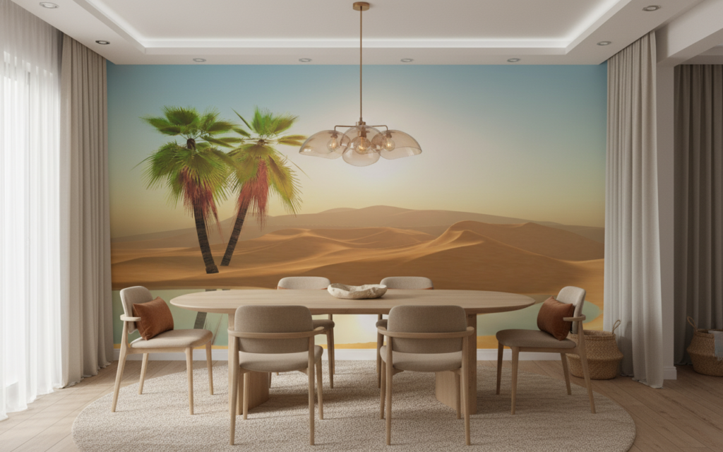 Papier peint oasis désert palmiers coucher soleil reflets dorés - Salle à manger