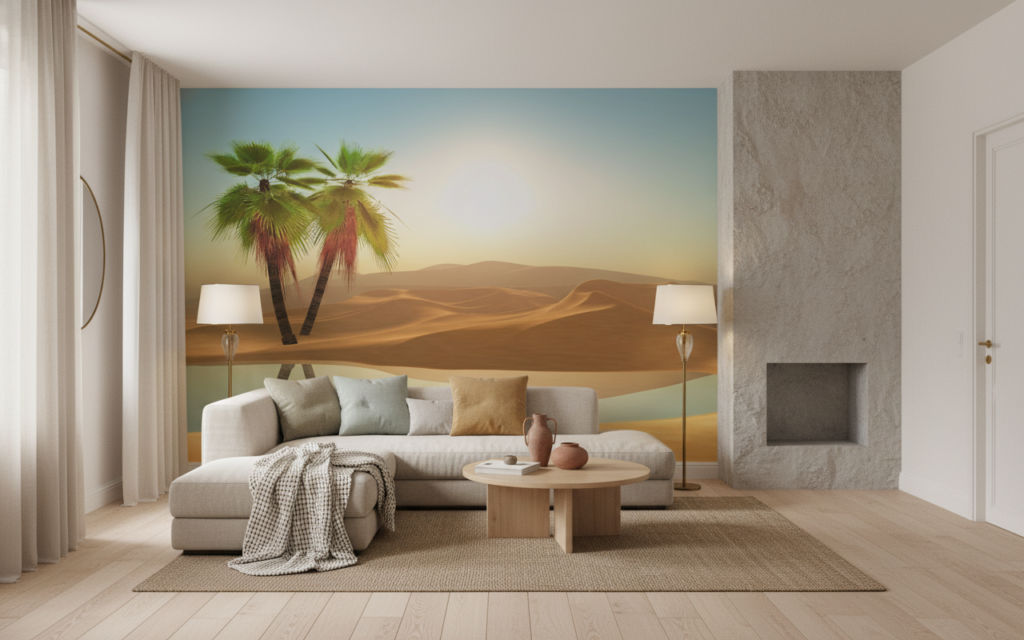 Papier peint oasis désert palmiers coucher soleil reflets dorés - Salon / Séjour