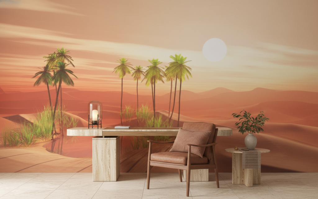 Papier Peint Oasis du Désert avec Palmiers au Coucher de Soleil - Bureau