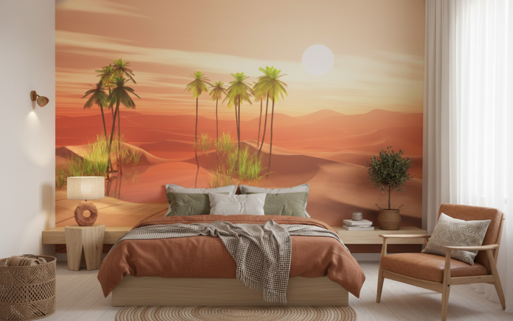 Papier Peint Oasis du Désert avec Palmiers au Coucher de Soleil - Chambre adulte