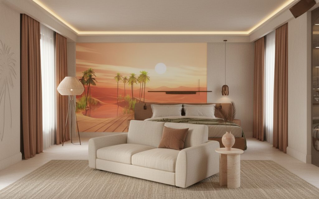 Papier Peint Oasis du Désert avec Palmiers au Coucher de Soleil - Hôtel