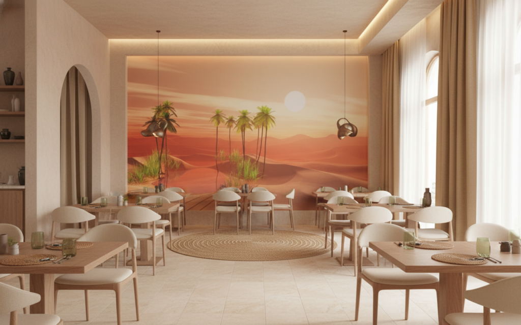 Papier Peint Oasis du Désert avec Palmiers au Coucher de Soleil - Restaurant