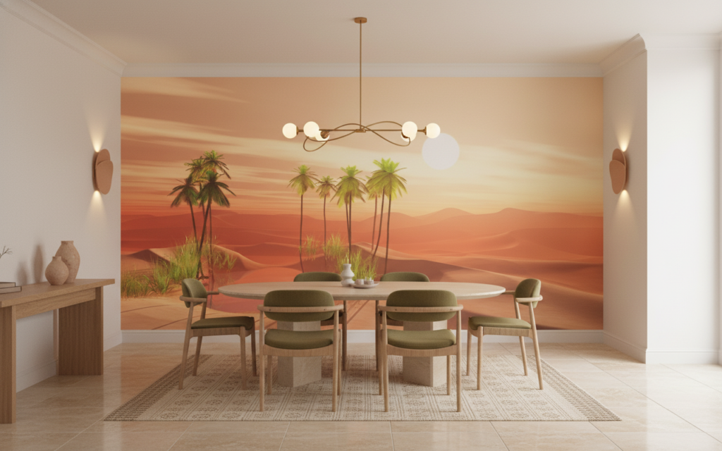 Papier Peint Oasis du Désert avec Palmiers au Coucher de Soleil - Salle à manger