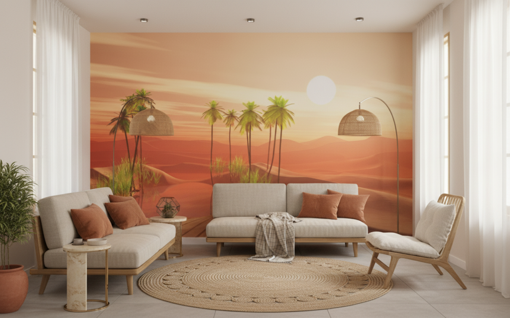 Papier Peint Oasis du Désert avec Palmiers au Coucher de Soleil - Salon / Séjour