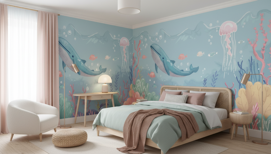 Papier peint océan fantastique avec baleine et méduses colorées - Chambre ado