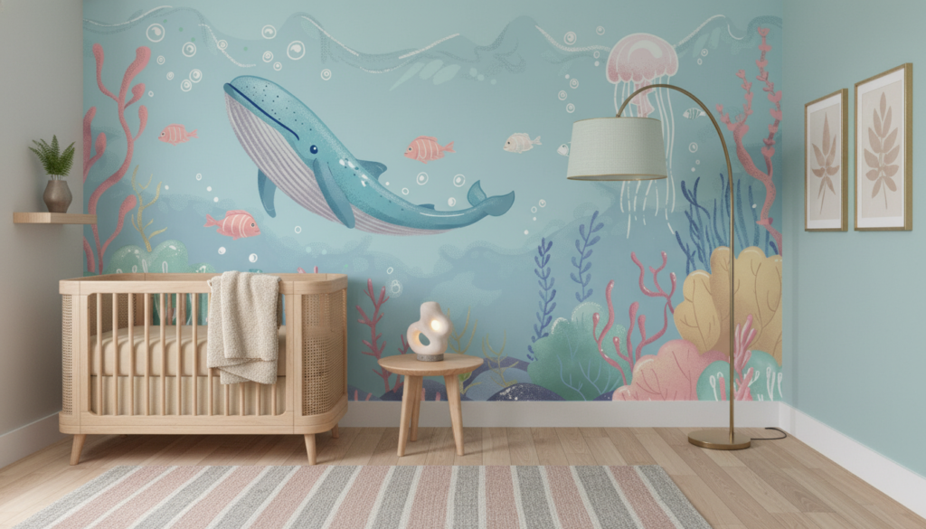 Papier peint océan fantastique avec baleine et méduses colorées - Chambre bébé