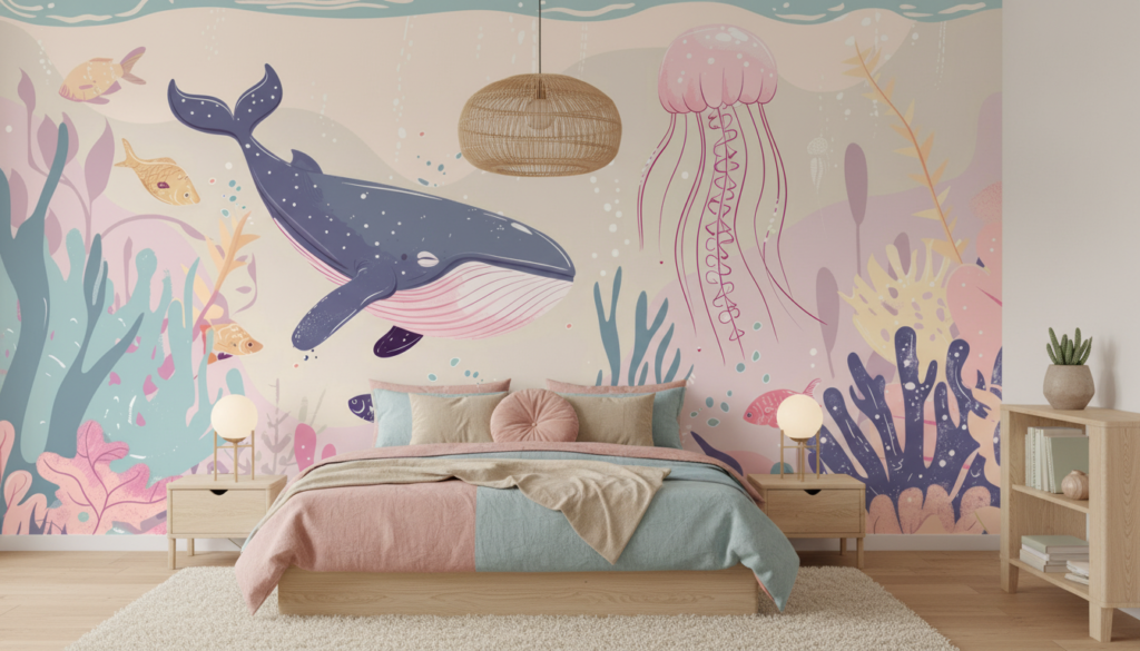 Papier Peint Océan Magique Baleine Rose et Méduse Aquarelle - Chambre ado