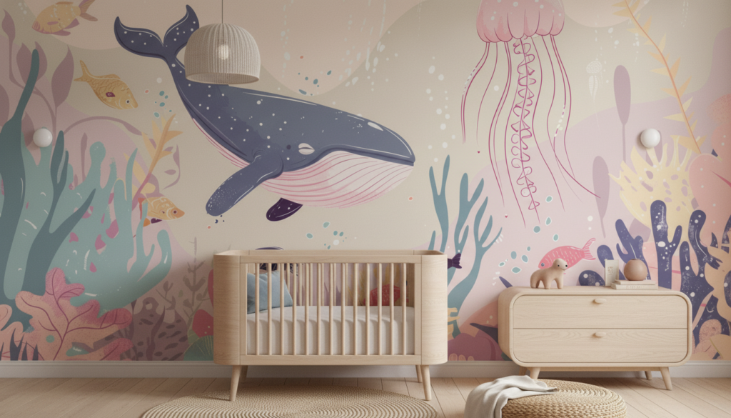 Papier Peint Océan Magique Baleine Rose et Méduse Aquarelle - Chambre bébé
