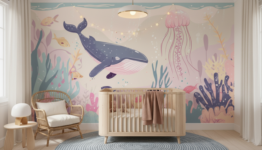 Papier Peint Océan Magique Baleine Rose et Méduse Aquarelle - Chambre enfant