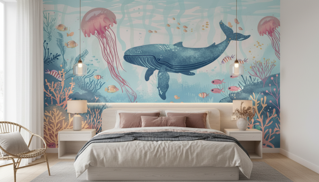 Papier Peint Océan Fantaisique avec Baleine et Méduses Pastel - Chambre adulte