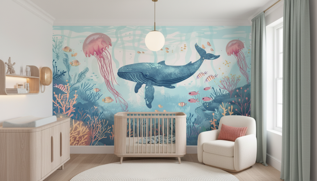 Papier Peint Océan Fantaisique avec Baleine et Méduses Pastel - Chambre bébé