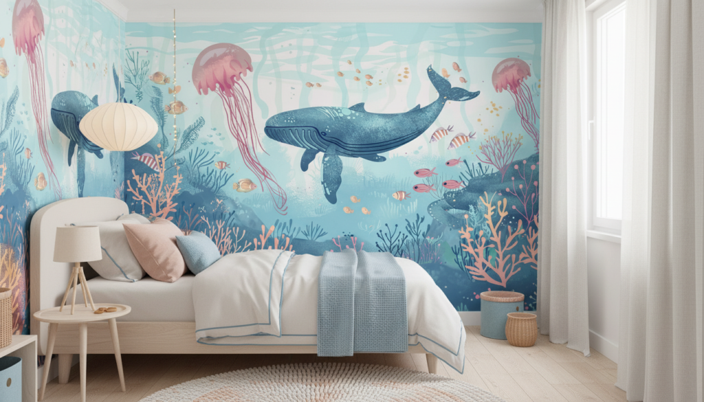 Papier Peint Océan Fantaisique avec Baleine et Méduses Pastel - Chambre enfant