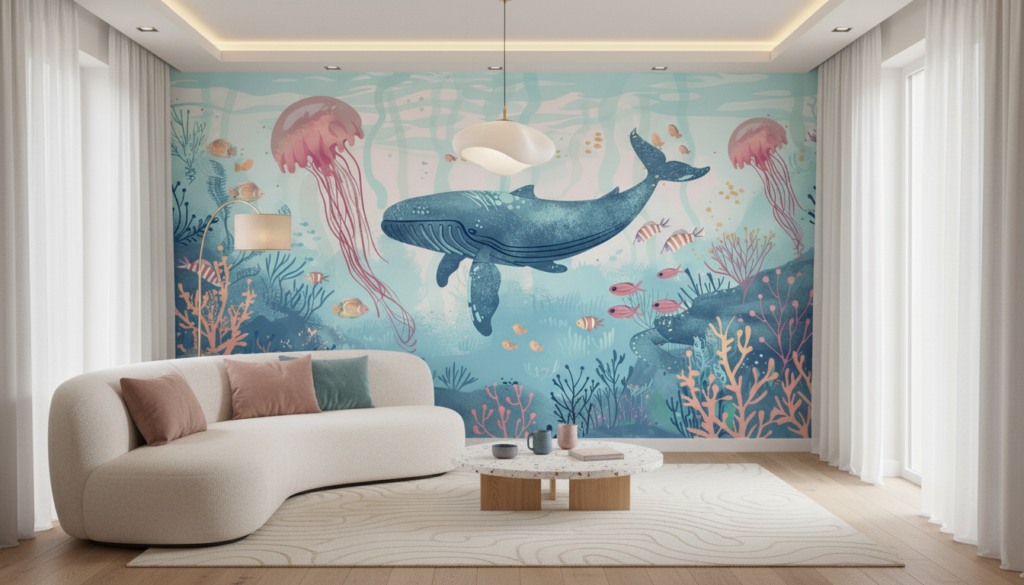 Papier Peint Océan Fantaisique avec Baleine et Méduses Pastel - Salon / Séjour