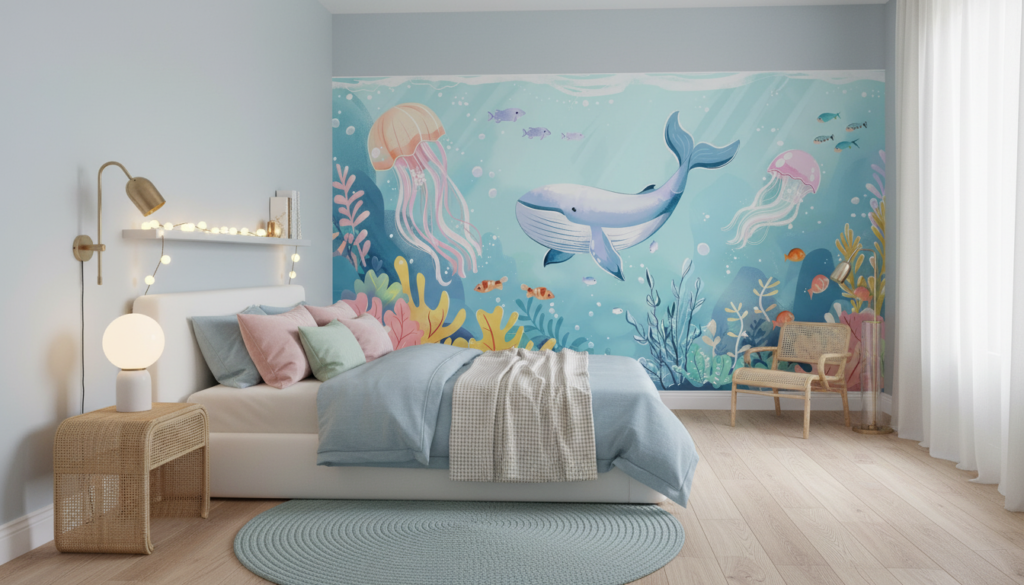 Papier peint océan fantastique avec baleine et méduses colorées - Chambre ado