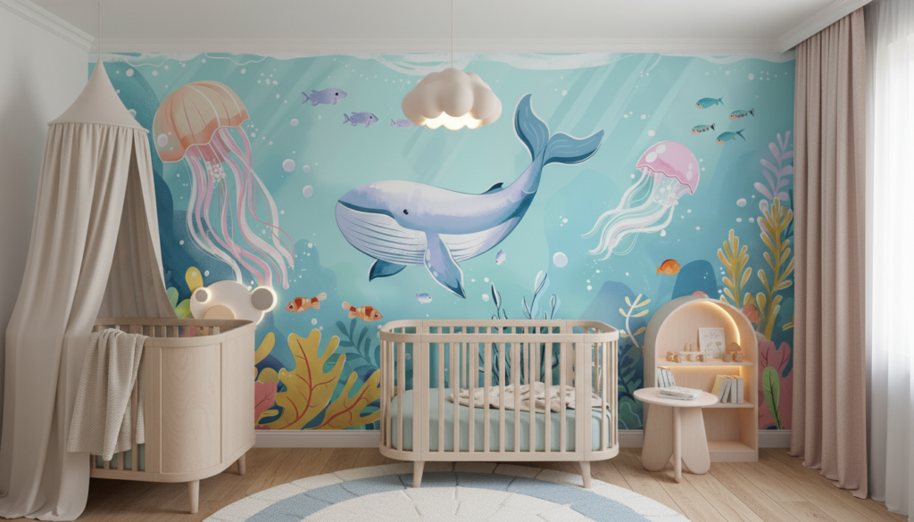 Papier peint océan fantastique avec baleine et méduses colorées - Chambre bébé