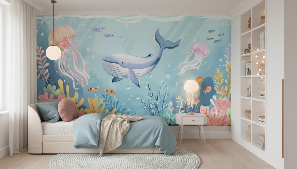 Papier peint océan fantastique avec baleine et méduses colorées - Chambre enfant